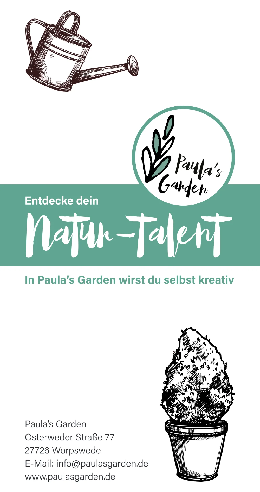 Flyer für Paula's Garden mit Handlettering und botanischen Illustrationen