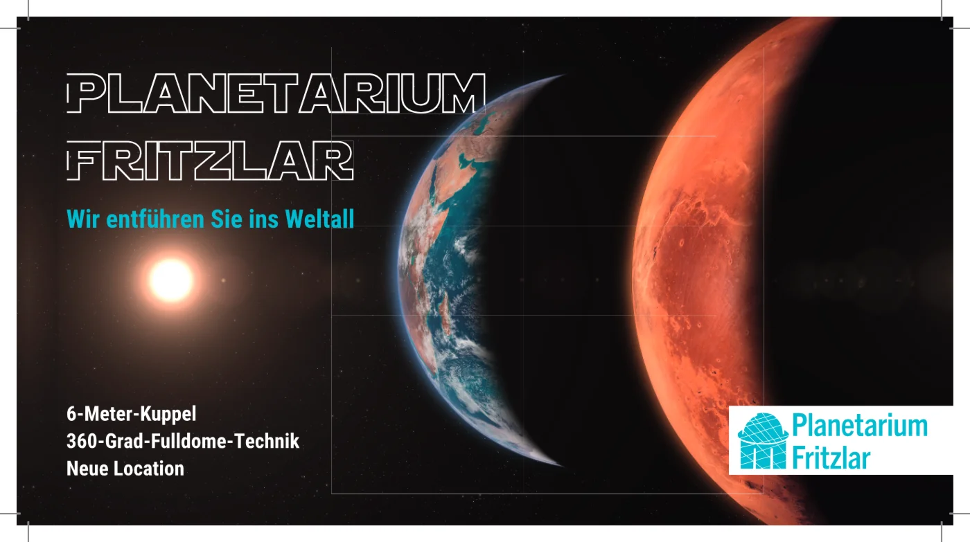 Werbekarte des Planetariums Fritzlar mit Erde und Mars im Weltall